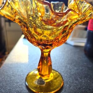 Fenton Vintage Amber Ruffled Edge Pedestal Glass Candy Dish 1950s